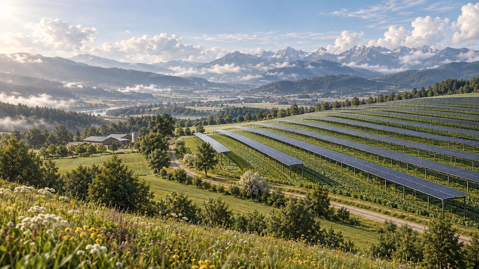 Fiktive Visualisierung eines großzügigen Agri-PV-Felds mit aufgeständerten Modulen und grünen landwirtschaftlichen Streifen auf einem sanften Hügel