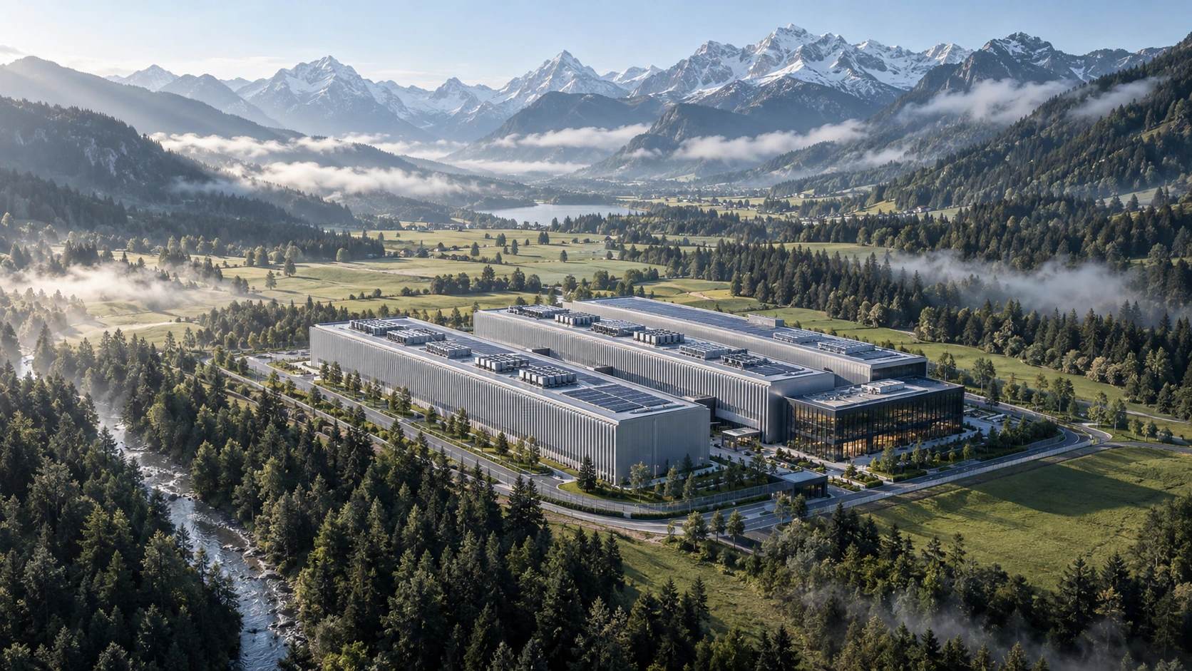 Künstlerische Architekturvision eines modernen Rechenzentrums in einer alpinen Landschaft, ohne Darstellung eines konkreten Geländes