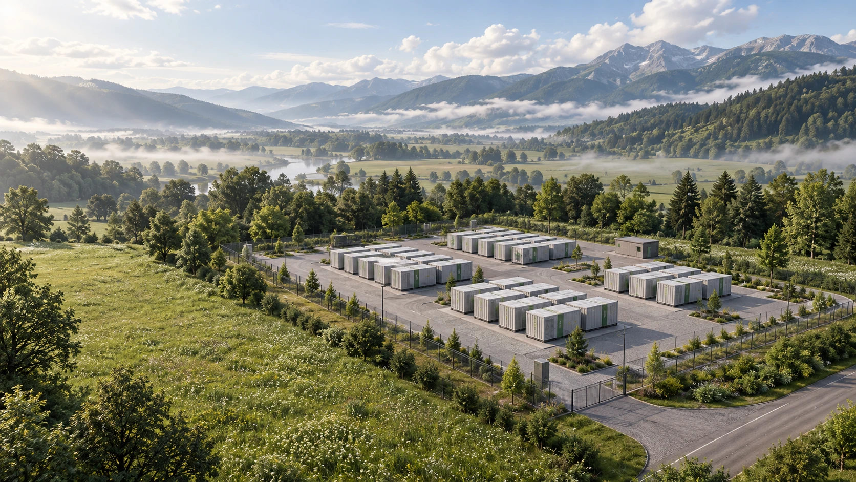 Fiktiver moderner Batteriespeicherpark mit hellen Containern, geordneten Wartungsgassen und grüner Einfassung auf etwa einem Hektar