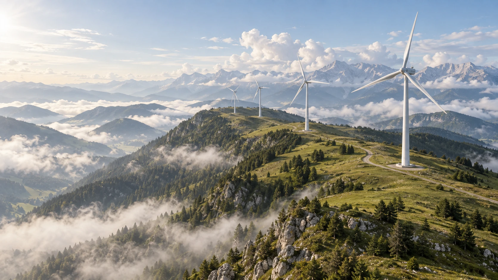 Fiktive Visualisierung: vier schlanke moderne Windräder auf einem hohen, unbewohnten Bergrücken über den Wolken